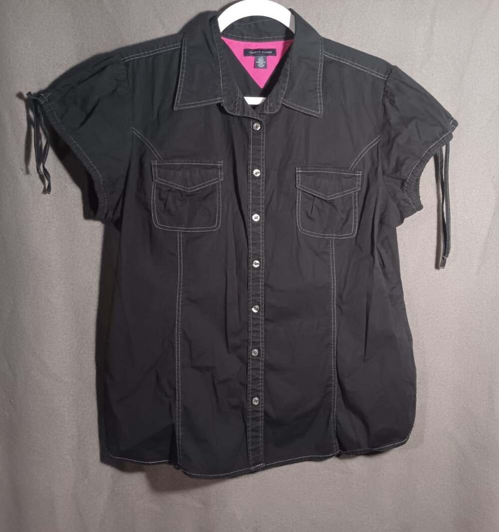 Vtg Tommy Hilfiger Black Short Sleeve Button Up Shirt Women’s Large Y2K Top